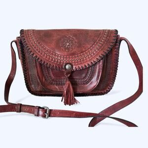 Patricia Nash Beaumont Tooled Leather Crossbody Bag Burgundy Red Western Boho
